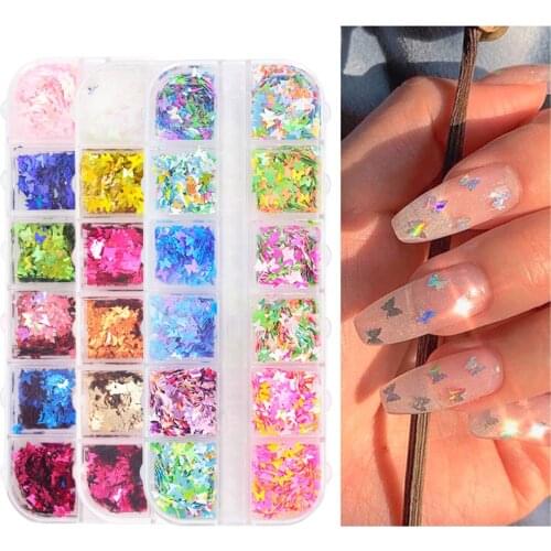 12 Grids/Box Nail Glitter Sequins Mixed Round/Butterfly/Irregular Foil Gold Silver DIY Holographic Laser Nail Art Glitter Tr#010
