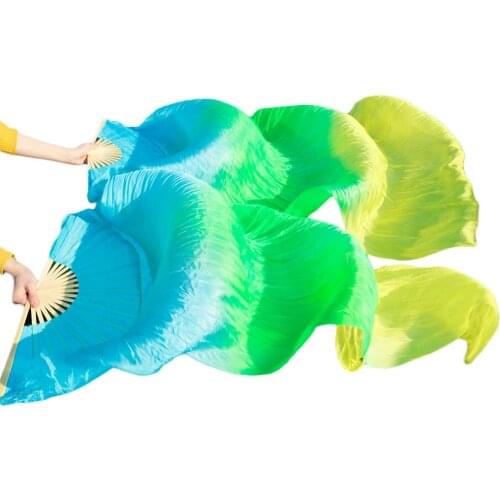 2016 female high quality Chinese silk veils dance fans Pair of belly dancing fans cheap hot sale Blue+Green+Yellow