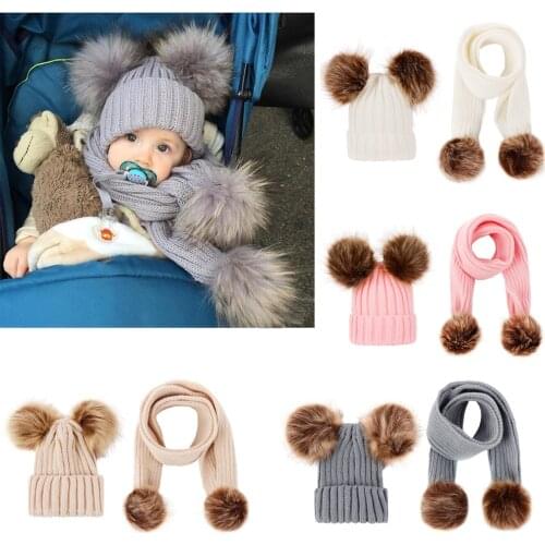 2021 Newborn Baby Boys & Girls Winter Pure Color Baby Knit Hat Double Ball Wool Hat Winter Scarf Set For Baby Girl Hats Boy Cap