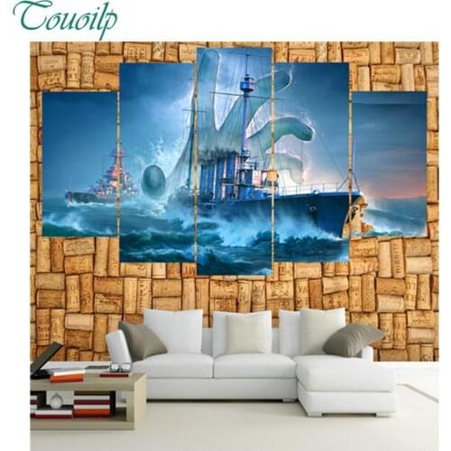 5pcs Diy Diamond Cross Diamond Rhinestone Diamond Mosaic maritime ferry Five fingers Waves Seascape Round&Square Home Decor