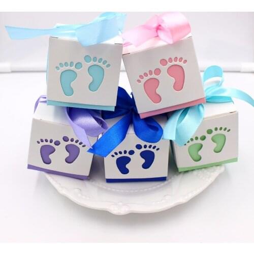 50pcs Blue Pink Baby Shower Favor Boxes Candy Box Baby Foot Birthday Party Favors And Gifts Pack Box Chocolates Box