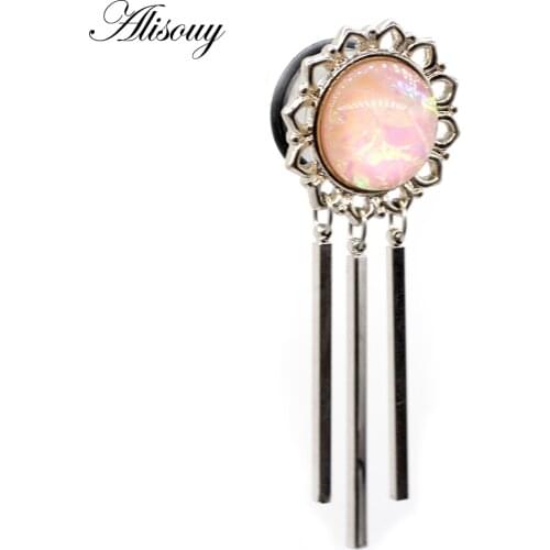Alisouy 2pcs Flower Pink Opal Pendant Stainless Steel Ear Plugs Tunnel Expander Stretcher Gauges 6-16mm Piercing Body Jewelry