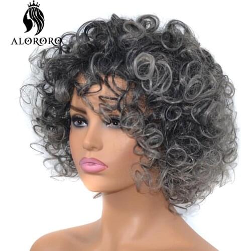 Alororo 12 Inches Short Wig Afro Fluffy Curly Wigs for Black Women Black Grey Mixed Color Synthetic Wig with Bangs Daily Used