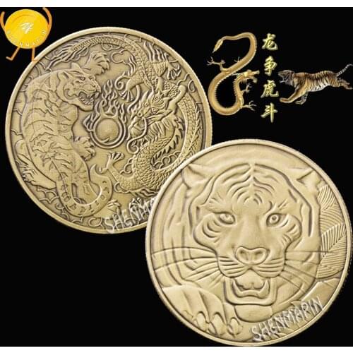 Fighting Between A Dragon and A Tiger Commemorative Coin China Culture Coins Collectibles Ancient Bronze Home Decorations Art