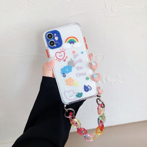 Smile Flower Wrist Strap Phone Cases for iphone 12 pro max X XS XR 7 8 Plus Chain Hanging Rainbow Case Soft TPU Clear Back Cover