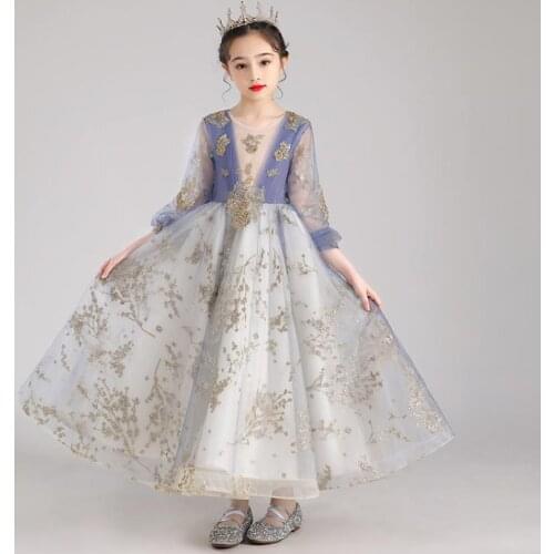Children Carnival Costumes Long Sleeve Sequines O-Neck Kids Catwalk Evening Gown Baby Girl Bridesmaid Wedding Dress L924