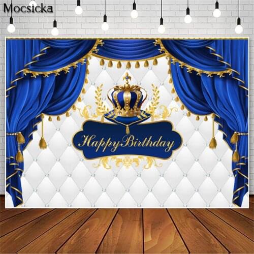 Royal Blue Prince Baby Shower Birthday Backdrop for Crown Curtains Decoration Cake Table Poster Photography Backgrounds