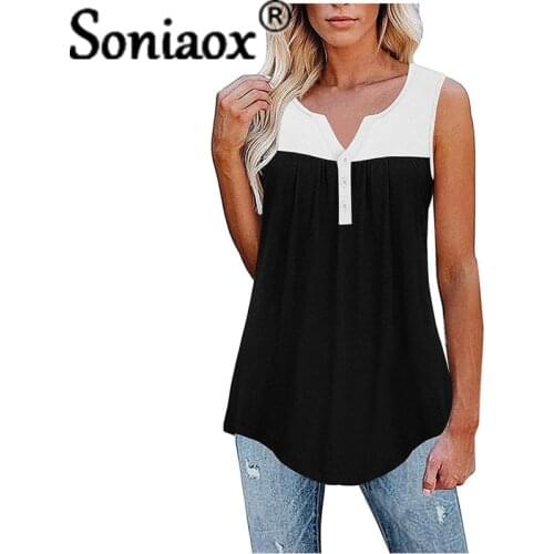 Summer Fashion Casual Sleveless T-Shirt Women V-Neck Button Stitching Tank Tops Loose Comfortable Pleated Pullover Vest T-Shirt