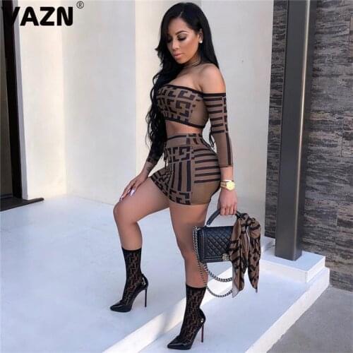 VAZN GCY11074 Summer 2Colors Off Shoulder Eleagnt Wind Sexy 2019 Set Long Sleeve Short Pant 2 Piece Sets Night Club Sets