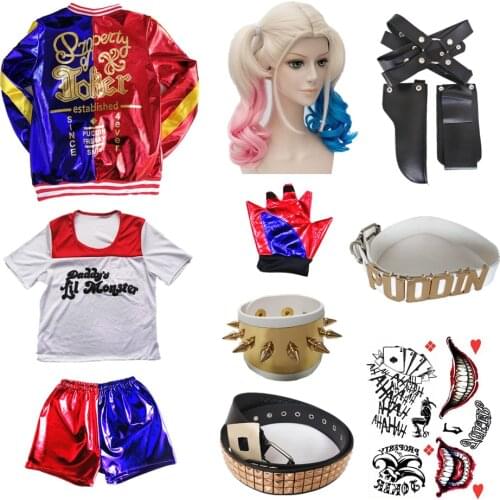 Adult Women Harley Costume Quinn Cosplay Suicide Girl Squad Jacket T-Shirt Shorts Embroidery Sets Monster Clown Carnival Party