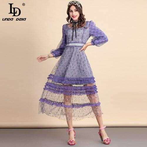 LD LINDA DELLA New 2021 Autumn Runway Fashion Purple Dress Womens Long Sleeve Lace Ruffle Sequins Mesh Long Party Dress