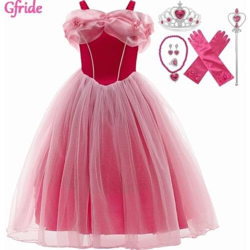 Summer Girls Aurora Costumes For Kids Rapunzel Long Tulle Dress Grown Wands Gloves Children Christmas Holiday Party Dress 2-10T