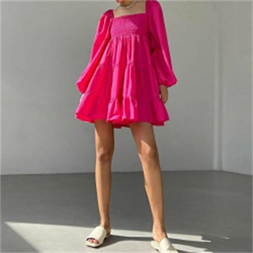 MESTTRAF Women 2021 Fashion Back Stretch Slim Mini Dress Retro Long Sleeve Puff Sleeve Solid Color Dress