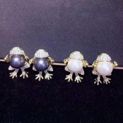 Cute 12MM pearl frog stud earring big beads 925 sterling silver with cubic zircon fine women jewelry free shipping