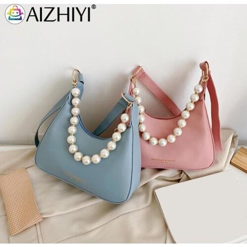 Fashion Women Solid Color PU Leather Shoulder Underarm Bag Casual Ladies Pearl Chain Small Hobos Handbags Purse