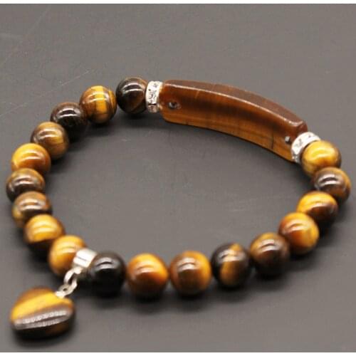 Trendy-beads Silver Plated Cute Heart Connect Rectangle Natural Tiger Eye Stone Stretchy Bracelet