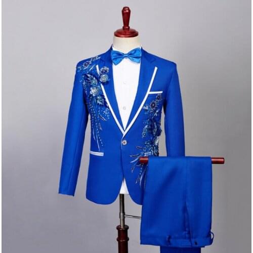 Singer stage Blazer men formal dress latest coat pant designs Sequin suit men terno masculino trouser wedding suits mens blue