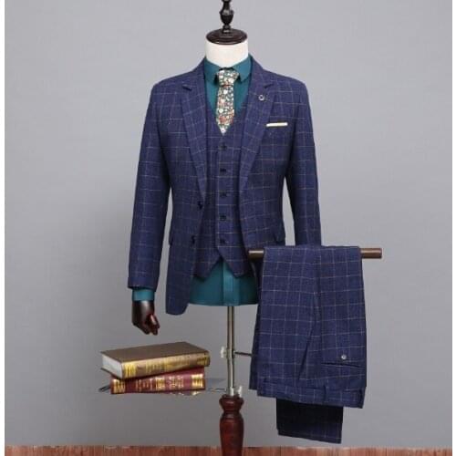 Latest Coat Pant Designs Blue Pattern Tweed Men Suit Slim Fit 3 Piece Gentle Suits Tuxedo Custom Groom Blazer Terno Masculino S