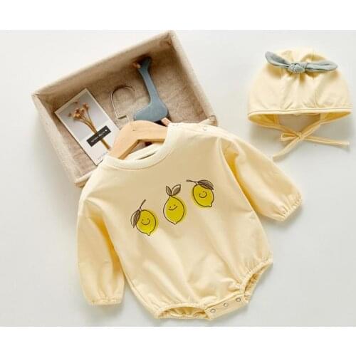 2021 Autumn New Baby Boy Long Sleeve Lemon Print Bodysuit Cute Girl Jumpsuit Cotton Newborn Clothes With Hat Children Clothing