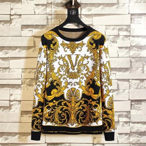 New Arrivals Mens Fashion Gold Floral Knitwear Winter Mens Clothing Crew Neck Long Sleeve Sweater for Men