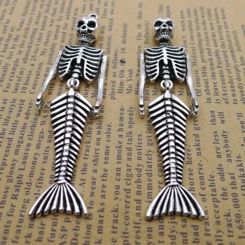 2pcs/Lot 18x75mm Mobilizable Fish Skull Skeleton Alloy Charms Antique Silver Color Pendants for DIY Jewelry Making Charm
