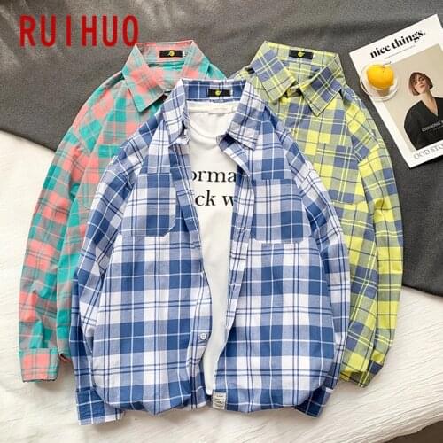 RUIHUO Mens Shirt Plaid Shirt Men Shirts For Men Clothing Checkered Shirt Men Blouse M-5XL 2021 New Arrival