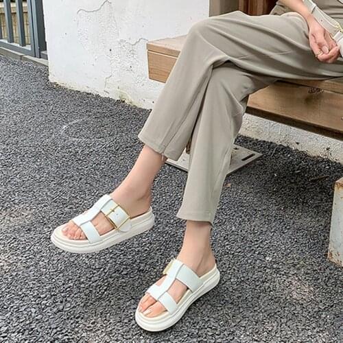 Meotina Slippers Shoes Women Genuine Leather Sandals Gladiator Flat Slides Round Toe Cow Leather Ladies Footwear Summer Black