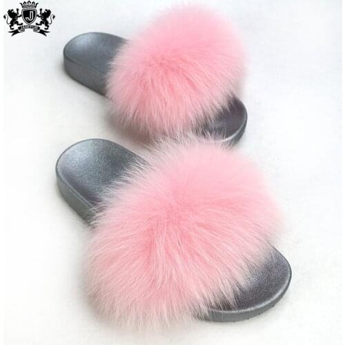 Hot Summer Women Real Fox Fur Home Fluffy Slides Comfort Furry Plush Shoes Female Indoor Flip Flops Casual Raccoon Fur