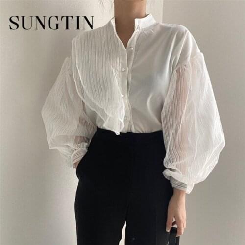 Sungtin Patchwork Tulle Transparent Blouse Shirts Women New 2021 Spring Summer Vintage Oversize Korean Style Lady Wild Top Chic