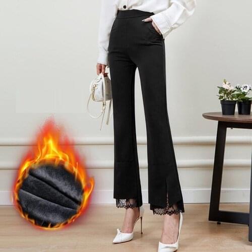 Streetwear Women Wide Leg Long Flared Pants Winter Warm Velvet Elegant Lace Pants Black Mujer Pantalones Femme Oversize Trousers