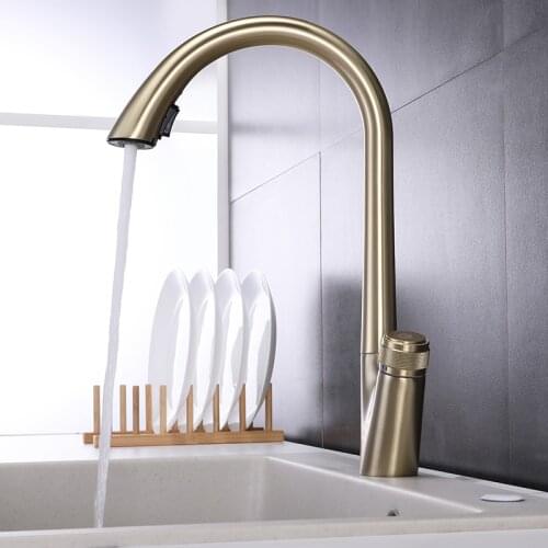 Pull Out Kitchen Mixer Faucets Brush Gold Single Handle Kitchen Taps Single Hole Handle Swivel 360 Degree Water Cold and Hot Tap