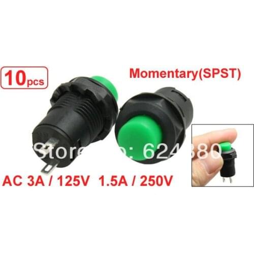 10 Pcs AC 1.5A / 250V 3A / 125V 6V 9V 12V 24V Green Round Momentary Push Button Switch 2 Pin SPST OFF/(ON) NO N/O Normally Open