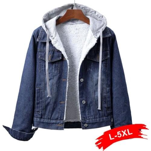 Plus Size Hooded Warm Fleece Short Jeans Jackets 4XL 5XL Winter Women Korean Windbreaker Hoody Thick Denim Coats Cowboy Jackets