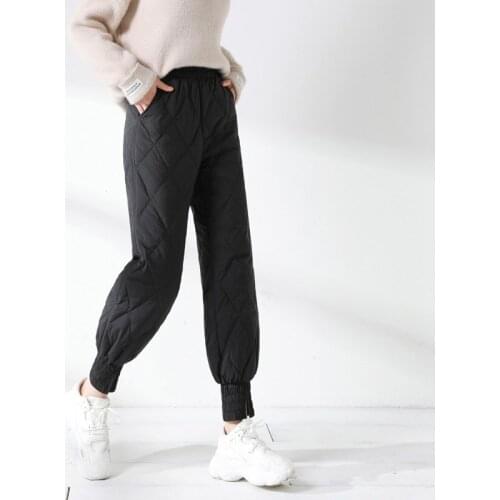 Women Winter Thermal Down Pants Lightweight High Elastic Waist Loose Thick Down Trousers Outdoor Skiing Warm Down Cotton Pants