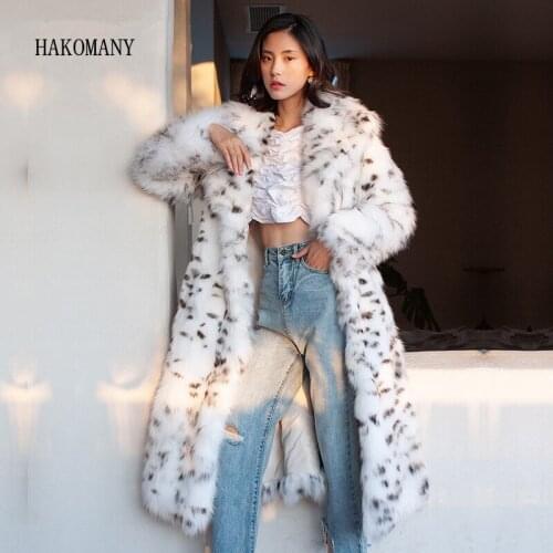 Winter White Hairy Shaggy Faux Fox Fur Leopard Coat Long sleeve Furry Women Knee length Jacket Trench Outerwear