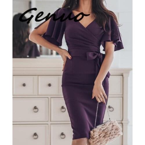 Genuo New 2019 Vintage Party Dress Women Elegant Purple V-Neck Batwing Sleeve Slim Pencil Dress Bodycon Formal Dress