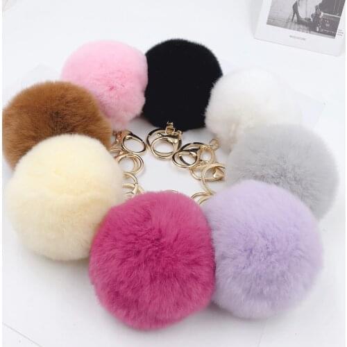 1pcs 8cm Fake Fur Brand Bag Keychain Pompom Car Keyring Gold Color Chains Pompons Fake Fox Rabbit Fur Charms Chain