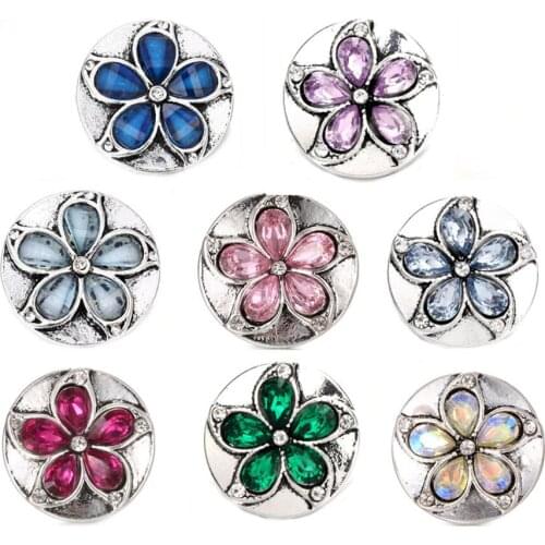 10pcs/lot New Snap Jewelry Flower 18mm Snap Buttons with Rhinestone Charms Fit Silver Snap Bracelets