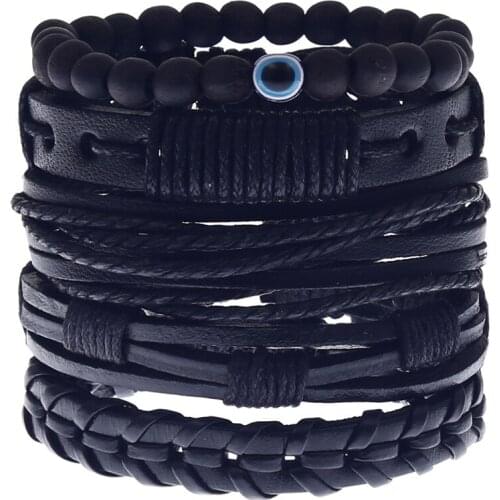 2020 Fashion Men Set Leather Bracelet Black Weave Multi-layer Eye Beads Bracelet Men Jewelry Adjustable Size Gift