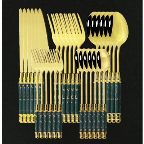 30Pcs Green Gold Dinnerware Set Ceramic Handle Cake Fork Tea Spoon Knife Set Stainless Steel Cutlery Set Dinnerware Dinner Sets