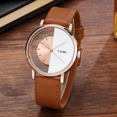 Unique Watch Creative Half Transparent Dial Unisex Watch For Men Women Couple Leather Wristwatch Fashion Male Female Brown Reloj