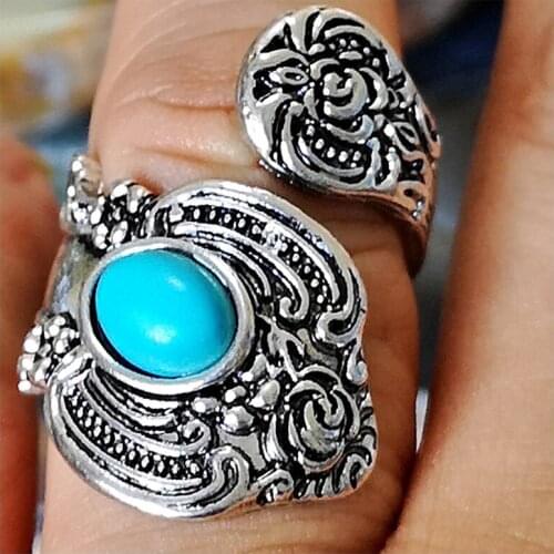 Personality Vintage Natural Blue Turquoises Rings for Women Antique Titanium Flower Finger Ring Men Punk Boho Jewelry