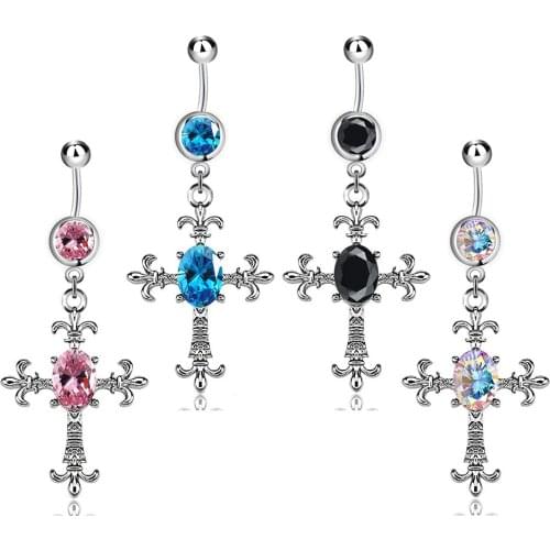 Cross Belly Button Ring Punk Navel Piercing Ring Belly Button Piercing Crystal Nombril Ombligo Dangle Jewelry Stainless Steel