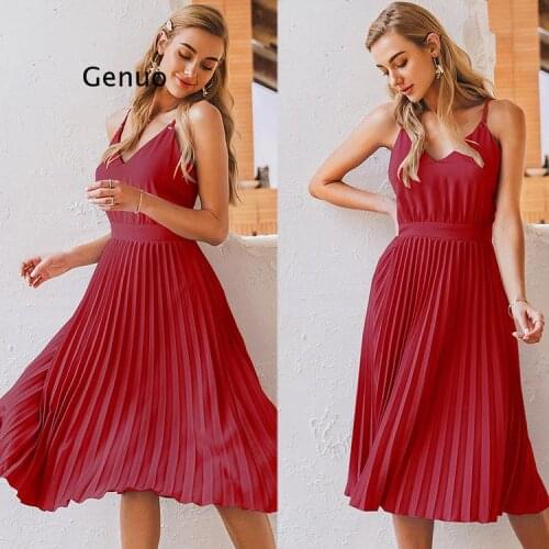 Summer Women Midi Dress Spaghetti Strap Solid Pink Pleated Secy Dresses Fashion Lady Elegant Dress Casual vestidos