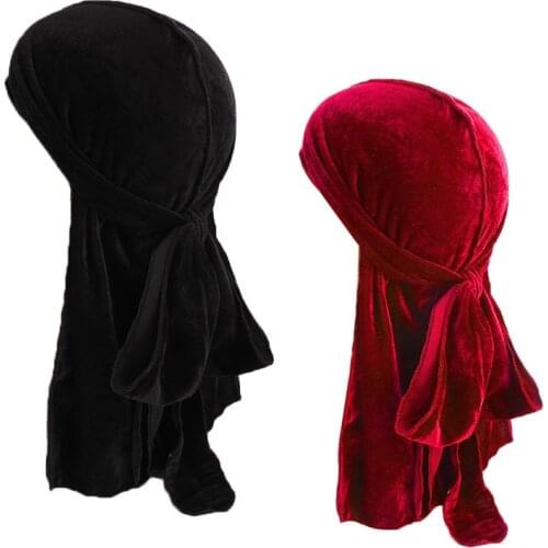 2PCS/Lot Mens Velvet Durags Breathable Turban Wigs Doo Rag Long Tail Biker Headwear Pirate Durag