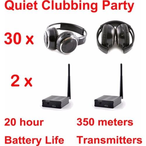 Silent Disco Headset system black folding wireless headphones - Quiet Clubbing Party Package (30 Headphones + 2 Transmitters)