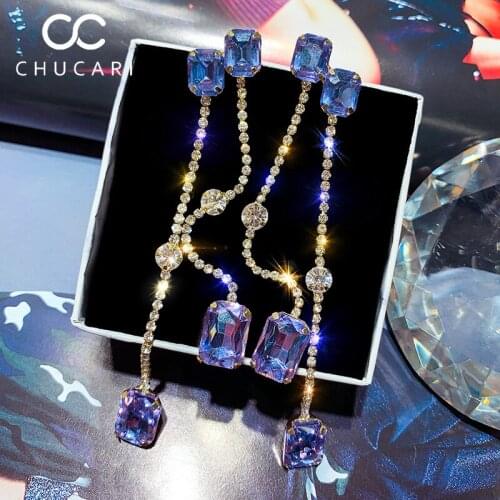 CHUCARI New Fashion Purple Big Crystal S925 Drop Earrings Luxury Jewelry Korean Style Rhinestone Long Dangle Women Party Wedding