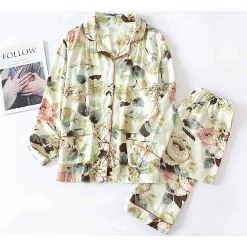 Women Long Sleeve Trousers Pajamas Turn-down Collar Spun Rayon Printing Pyjamas Spring Loungewear Home Clothes 2 Piece Sleepwear