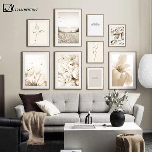 Beach Sunset Dandelion Grass Landscape poster Nordic Print Scandinavian Decoration Painting Photography Cream Color Picture