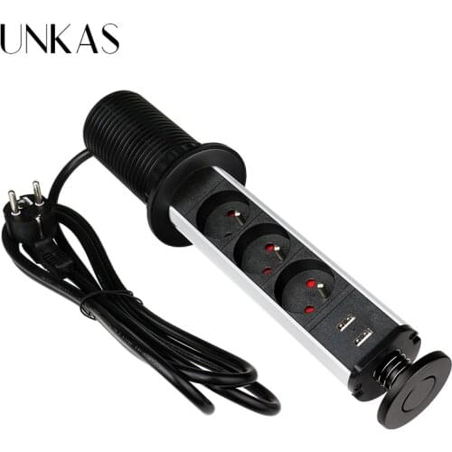 UNKAS 16A PULL POP UP 3 Power French Plug Socket Black Dual USB Port Kitchen Table Desktop Sockets Retractable Countertops